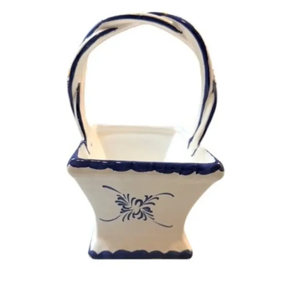 Hand Painted Portuguese Ceramic Basket Blue & White Floral
